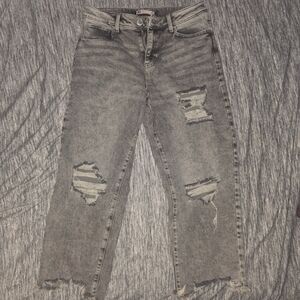 SO Women's Gray Ripped High Rise Straight Leg Jeans